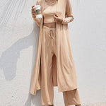Nadorine Women's 3 Piece Outfits Lounge Scoop Neck Crop Tops High Waist Pants Open Front Cardigan Set