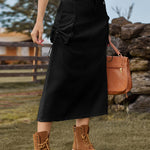Nadorine Women's Casual High Waist Denim Midi Skirt Drawstring Adjustable Long Jeans Skirt with Pockets