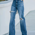 High Rise Long Ripped Wide-leg Denim Jeans