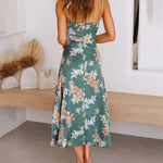 Spaghetti Strap Midi Dresses Sexy Deep V Neck Backless Floral Print Side Slit Maxi Dress