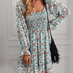 Ribbed Long Sleeve Chiffon Dress Crewneck Elegant Batwing Bohemian Floral Printed Dress