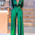 High Waisted Three-Quarter Sleeves Shiny Solid Color Deep V-Neck Jumpsuits Bottoms