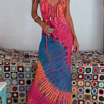 Tie-dye Print Ruffle Neck Halter Lace-up Backless Stretch Maxi Dress
