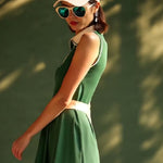 【24-hour shipping out】Casual Fashion Polo Neck White Trim Green Sleeveless Mini Dress