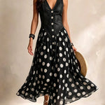 Adeline | Polka Dot Denim Maxi Dress