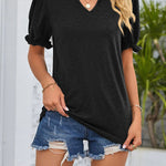 Puff Sleeve Short Sleeve Loose V Neck Top T-Shirt