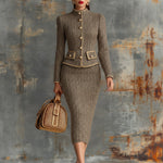 Vintage Herringbone Gold Trim Stand Collar Jacket And Skirt Set