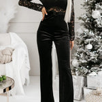 Sonya Lace Velvet Patchwork Long Sleeve Belted Flare Stretch Jumpsuit