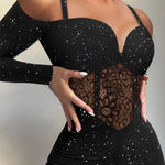 Glitter Cold Shoulder Adjustable Spaghetti Straps Lace Spliced Overalls Slim Fit Zipper Back Corset Jumpsuit