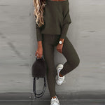 2 Pieces Outfit Skew Neck Long Sleeve Loose Pullover Top and Drawstring High Waist Slim Fit Pants Set