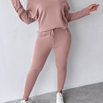 2 Pieces Outfit Long Sleeve Skew Neck Pullover Top and Drawstring Elastic Waist Slim Fit Pants Set
