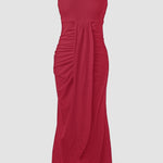 Sleeveless Ruched Cinched Waist Draped Bandeau Dress Eyelet Embroidery Slit Asymmetrical Hem Vacation Dress