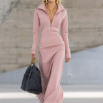 Elegant Retro Sporty V-neck Front Zipper Long-sleeved Pink Maxi Dress