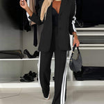 2 Pieces Outfit Notched Collar Single Breasted Pockets Design Coat and Elastic Waist Seam Front Wide Leg Pants Set Casual Contrast Side Striped Blazer Set