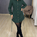Women's Vintage Plaid Drawstring Long Sleeve Casual Dress Shirred Button Down Shirt Dress