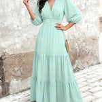 Women's V Neck Three Quarters Sleeve Maxi Dress Shirred Back Ruffle Hem Dress Elegant Flowy Chiffon Dress
