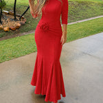 Women's 3D Floral Twist Mermaid Maxi Evening Gown Elegant Three Quarters Sleeve Bodycon Party Dress