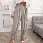 Women's Lace Patchwork Pants Elastic High Waist Hollow Out Ruffle Hem Lantern Trousers Casual Loose Lounge Pants
