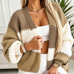 Women's Colorblock Knit Cardigan Chunky Knit Sweater Ribbed Trim Long Sleeve Casual Loose Knitwear