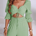 Sweetheart Neck Puff Sleeve Drawstring Front Shirred Overalls Casual Cutout Front Ruffle Hem Wide Leg Jumpsuit