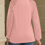 Contrast Lace Round Neck Lantern Sleeve Ruched Blouse Elegant Shirt