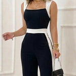 Women's Colorblock Jumpsuit Elegant Square Neck Sleeveless Wide Leg Overalls High Waisted Work Outfits with Pockets