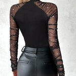 Women's Glitter Sheer Mesh Ruched Long Sleeve Mock Neck Ribbed Bodysuit
