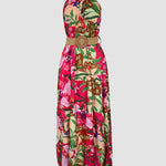 Tropical Print Halter Ruched Sleeveless Maxi Dress Casual A Line Flowy Smock Dress