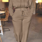 2 Pieces Outfit Long Sleeve Crop Drawstring Hoodie Sweatshirt with Thumb Hole Cuffs and Casual Drawstring Elastic Waist Wide Leg Sweatpants Set