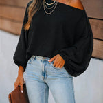 Women's French Style Off Shoulder Blouse Elegant Lantern Sleeve Top Versatile Skew Neck Textured Shirt