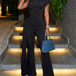 Women's 2 Piece Set Asymmetric Mock Neck Draped Top and High Waist Flare Pants