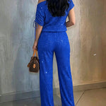 Women's Two-Piece Rhinestone Lounge Suit Skew Neck Top and Wide-Leg Pant Set Elegant Commuter Outfit with Pockets