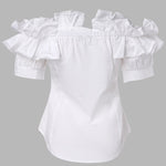 Ruffles Off Shoulder Short Sleeve Button Front Blouse Asymmetrical Hem Top