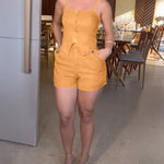 2 Pieces Outfit Adjustable Spaghetti Straps Button Front Shirred Back Crop Cami Top and Casual Zipper Fly Elastic Back Waist Shorts Set