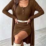 Women's 2-Piece Knit Set Henley Bodycon Tank Dress with Matching Mid-length Cardigan with Pockets
