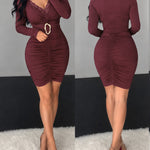 Women's Ruched Gold Ring Bodycon Dress Lace Spliced Deep V Neck Long Sleeve Mini Party Dress