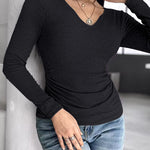 Chicme Built In Bra Notch Neck Long Sleeve Shirts Rib Knit Ruched Waist Top