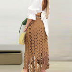 Women’s Lace Tassel Trim Bodycon Skirt Hollow-Out Detail High Waist Pencil Skirt with Side Zipper