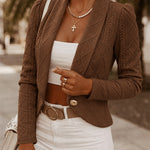 Women's Shawl Collar Crop Jacket Argyle Cable Knit Textured Slim Fit Short Blazer Elegant Single Breasted Work Outwear