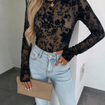 Women's Mesh Flocked Floral Top Lined Sheer Long Sleeve Tee Crewneck Slim Fit Layering Under Base Top with Thumbholes