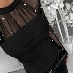 Pearls Decor Mock Neck Sheer Mesh Spliced Ruched Tee Hollow-out Back Slim Fit Textured Top