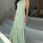 Women's Polka Dot Maxi Dress Casual Sleeveless Lace up Back Vacation Dress Elegant Ruffle Hem Loose A Line Long Sundress