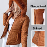 Zipper Pocket Design Shirred Fuzzy Trim Fleece Lined Hooded Puffer Jacket