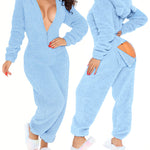 3D Ear Buttoned Flap Functional Fluffy Lounge Jumpsuit