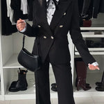 2 Pieces Outfit Notched Collar Double-Breasted Flap Detail Coat and Zipper Fly Elastic Back Waist Slim Fit Flared Pants Set Casual Blazer Set