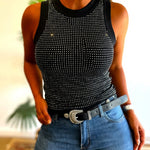 Rhinestone Decor O-neck Sleeveless Knit Tee Slim Fit Tank Top