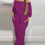 Off Shoulder V Back Elastic Waist Pockets Design Jumpsuit Casual Drop Shoulder Cinched Waist Wide Leg Jumpsuit