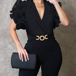 Plain Deep V Neck Short Flutter Sleeve Jumpsuits Metal O-Ring Decor Casual Flared Overalls