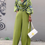 2 Pieces Outfit Abstract Print Cowl Neck Lantern Sleeve Stretchy Hem Crop Top and Casual Zipper Side Ruched Wide Leg Pants Set