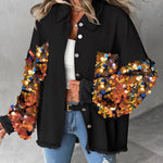 Contrast Sequin Long Sleeve Jacket Top Button Front Raw Hem Loose Fit Shacket